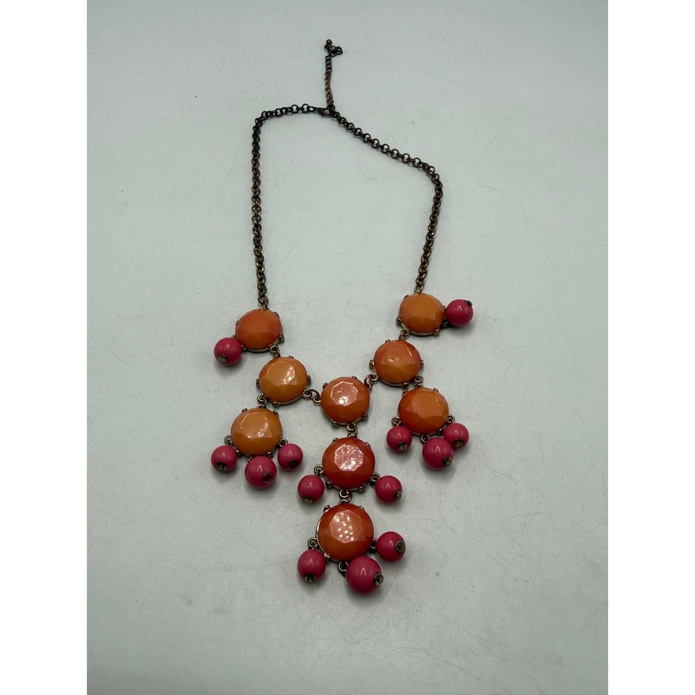 Orange Pink Statement Bib Necklace Bronze Tone Tiered Resin Bead Cluster